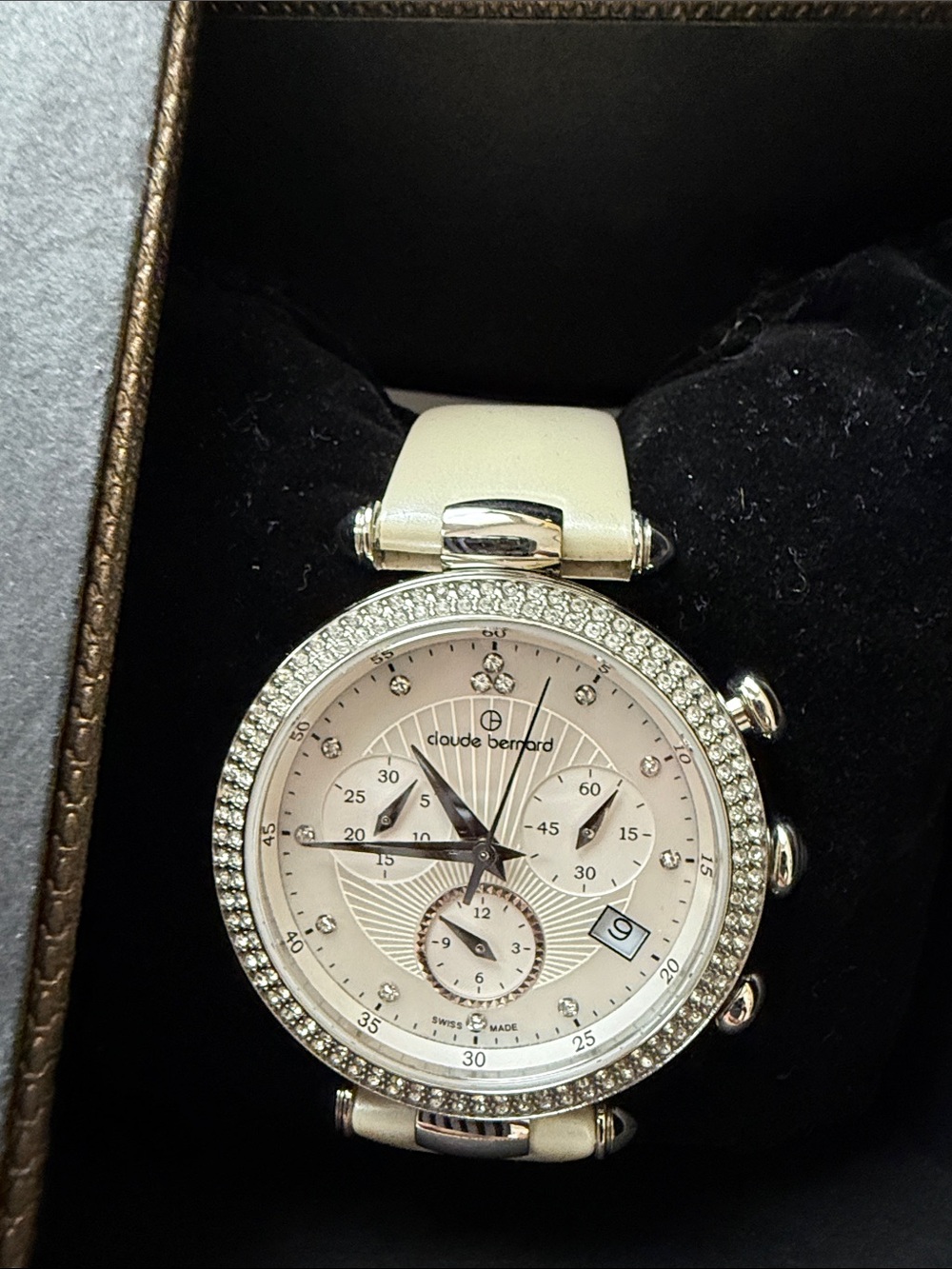Claude Bernard Dress Code Chronograph watch with crystal-encrusted bezel